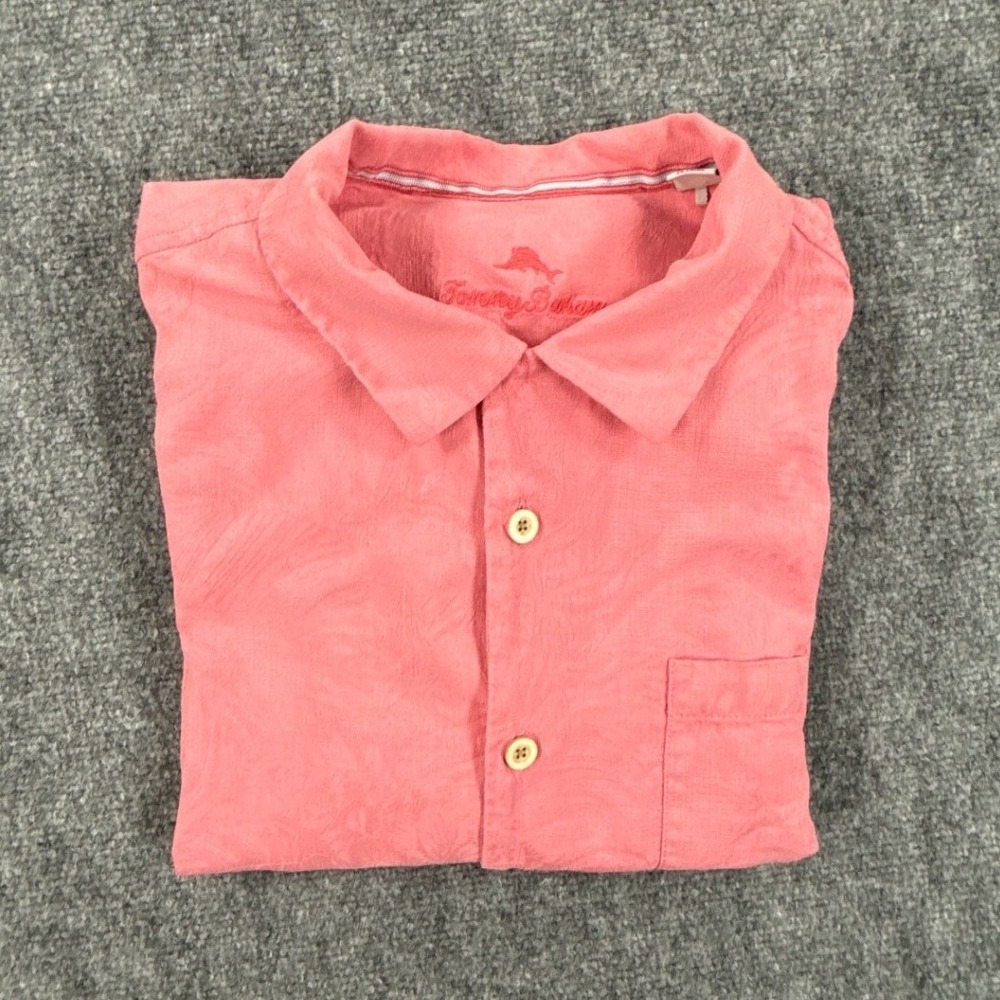 Tommy Bahama Silk Shirt Mens XLT Coral Jacquard Short Sleeve Button Up Tall